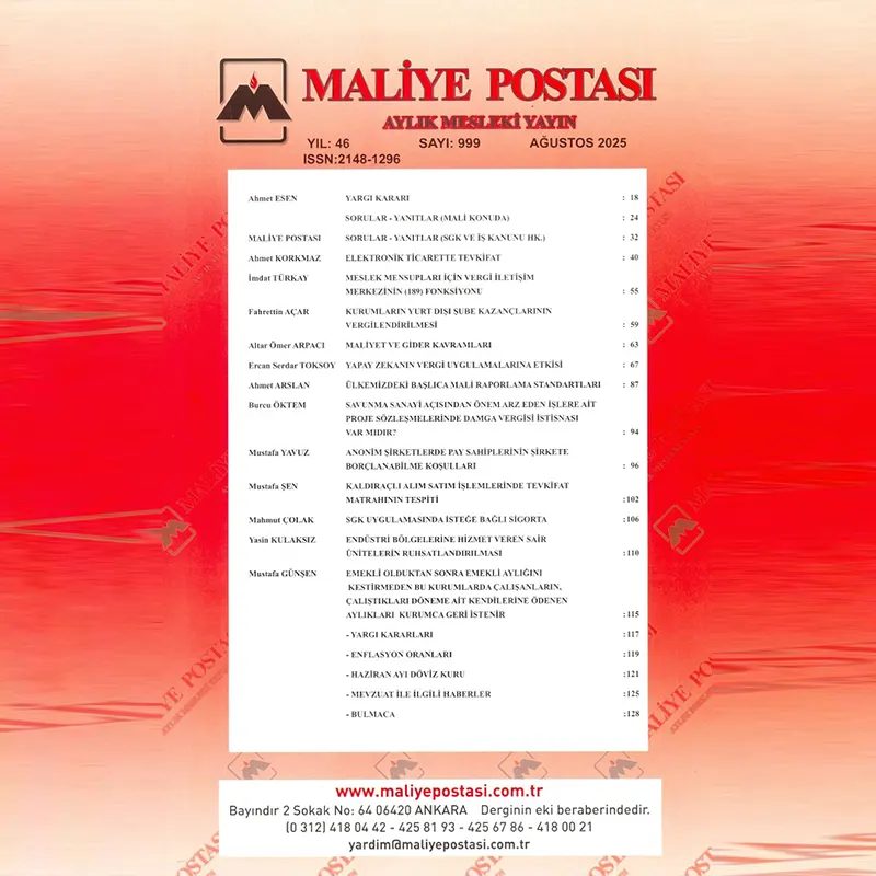 Maliye Postası Aylık Mesleki Yayın / Ağustos 2025